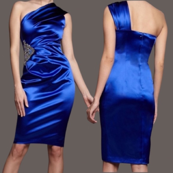NWT Striking Blue David Meister Blue Beaded Jewel One Shoulder Cocktail Dress - Picture 1 of 10